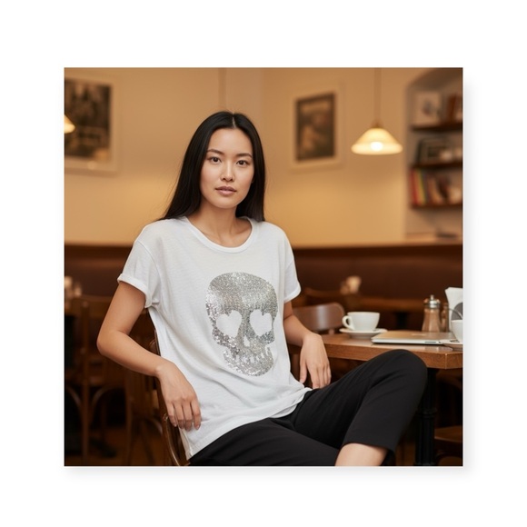 OG: new Wildfox Couture ☻ Manchester Mosaic Foil Skull Tee Shirt ☻︎ White Silver - Picture 14 of 15